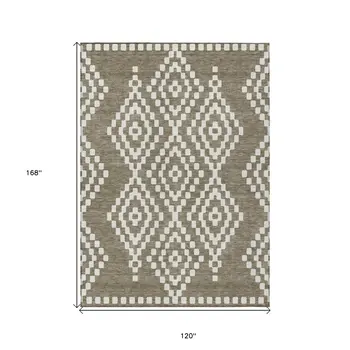 10' X 14' Taupe And Ivory Geometric Washable Indoor Outdoor Area Rug