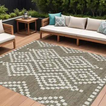 10' X 14' Taupe And Ivory Geometric Washable Indoor Outdoor Area Rug
