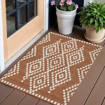 3' X 5' Terra Cotta And Ivory Geometric Washable Indoor Outdoor Area Rug