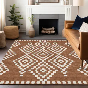 3' X 5' Terra Cotta And Ivory Geometric Washable Indoor Outdoor Area Rug