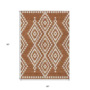 5' X 8' Terra Cotta And Ivory Geometric Washable Indoor Outdoor Area Rug