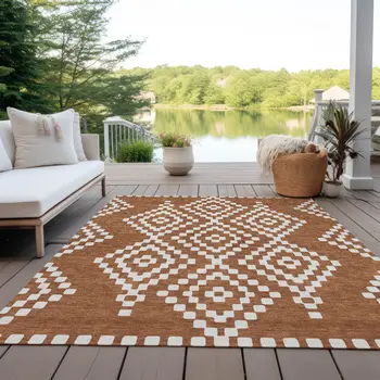 5' X 8' Terra Cotta And Ivory Geometric Washable Indoor Outdoor Area Rug