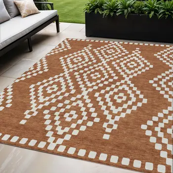 8' Terra Cotta And Ivory Round Geometric Washable Indoor Outdoor Area Rug