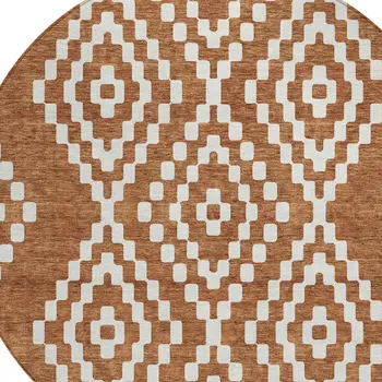 8' Terra Cotta And Ivory Round Geometric Washable Indoor Outdoor Area Rug