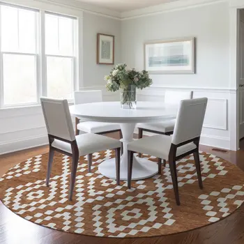 8' Terra Cotta And Ivory Round Geometric Washable Indoor Outdoor Area Rug