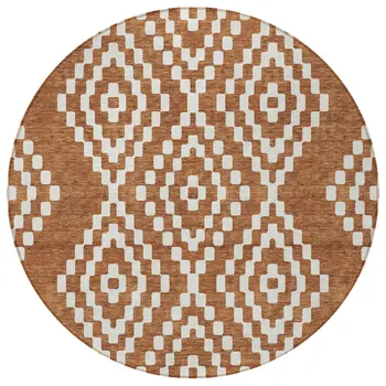 8' Terra Cotta And Ivory Round Geometric Washable Indoor Outdoor Area Rug