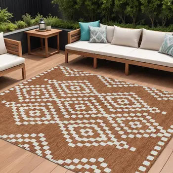8' X 10' Terra Cotta And Ivory Geometric Washable Indoor Outdoor Area Rug