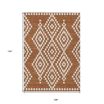 9' X 12' Terra Cotta And Ivory Geometric Washable Indoor Outdoor Area Rug