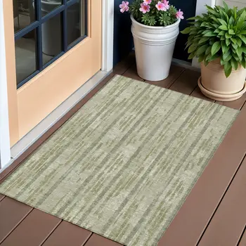 3' X 5' Artichoke Green Gray And Ivory Striped Washable Indoor Outdoor Area Rug