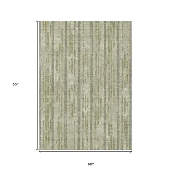 5' X 8' Artichoke Green Gray And Ivory Striped Washable Indoor Outdoor Area Rug