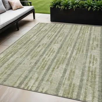 5' X 8' Artichoke Green Gray And Ivory Striped Washable Indoor Outdoor Area Rug