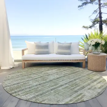 8' Artichoke Green Gray And Ivory Round Striped Washable Indoor Outdoor Area Rug