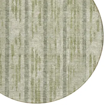 8' Artichoke Green Gray And Ivory Round Striped Washable Indoor Outdoor Area Rug