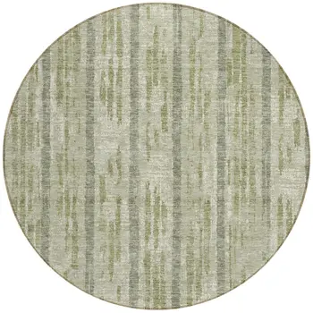 8' Artichoke Green Gray And Ivory Round Striped Washable Indoor Outdoor Area Rug