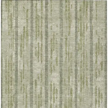 9' X 12' Artichoke Green Gray And Ivory Striped Washable Indoor Outdoor Area Rug