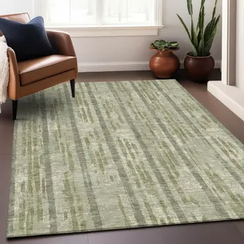 9' X 12' Artichoke Green Gray And Ivory Striped Washable Indoor Outdoor Area Rug