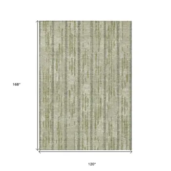 10' X 14' Artichoke Green Gray And Ivory Striped Washable Indoor Outdoor Area Rug