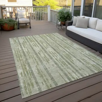 10' X 14' Artichoke Green Gray And Ivory Striped Washable Indoor Outdoor Area Rug