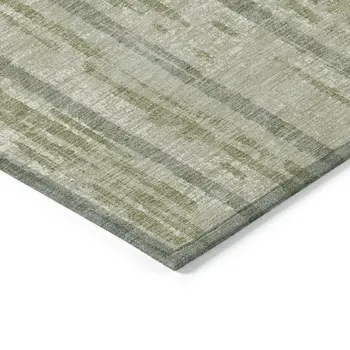 10' X 14' Artichoke Green Gray And Ivory Striped Washable Indoor Outdoor Area Rug