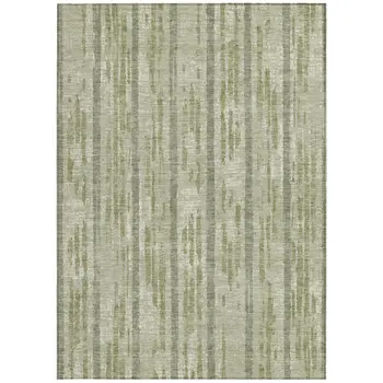 10' X 14' Artichoke Green Gray And Ivory Striped Washable Indoor Outdoor Area Rug