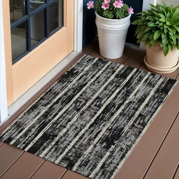3' X 5' Black Gray And Ivory Striped Washable Indoor Outdoor Area Rug