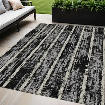 5' X 8' Black Gray And Ivory Striped Washable Indoor Outdoor Area Rug