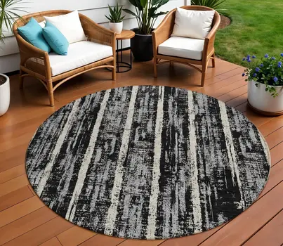 8' Black Gray And Ivory Round Striped Washable Indoor Outdoor Area Rug