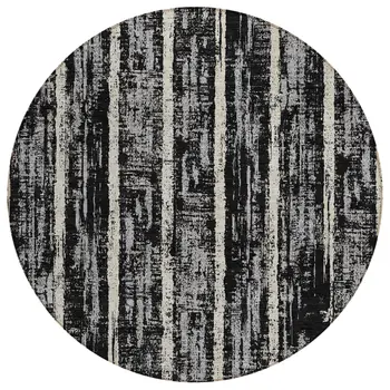8' Black Gray And Ivory Round Striped Washable Indoor Outdoor Area Rug