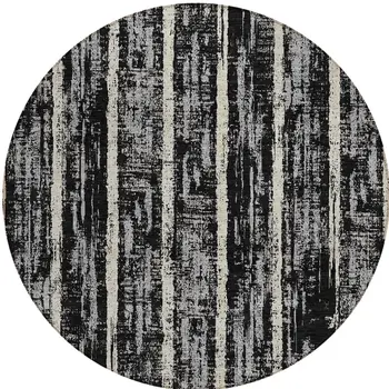 8' Black Gray And Ivory Round Striped Washable Indoor Outdoor Area Rug