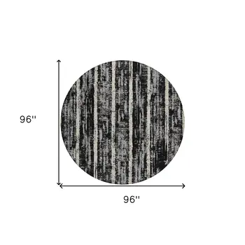8' Black Gray And Ivory Round Striped Washable Indoor Outdoor Area Rug