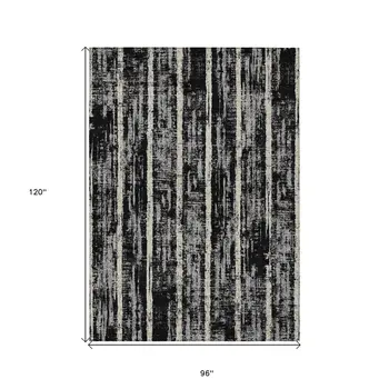 8' X 10' Black Gray And Ivory Striped Washable Indoor Outdoor Area Rug