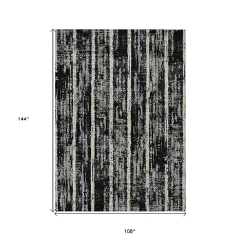 9' X 12' Black Gray And Ivory Striped Washable Indoor Outdoor Area Rug
