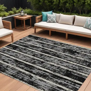 9' X 12' Black Gray And Ivory Striped Washable Indoor Outdoor Area Rug
