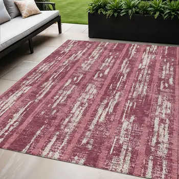 5' X 8' Blush And Ivory Striped Washable Indoor Outdoor Area Rug