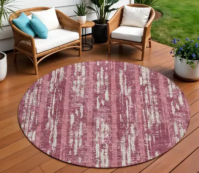 8' Blush And Ivory Round Striped Washable Indoor Outdoor Area Rug