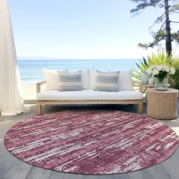 8' Blush And Ivory Round Striped Washable Indoor Outdoor Area Rug