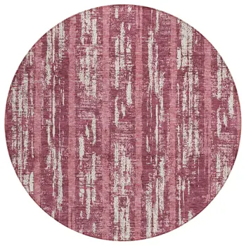 8' Blush And Ivory Round Striped Washable Indoor Outdoor Area Rug