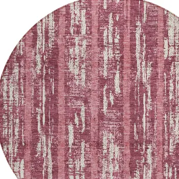8' Blush And Ivory Round Striped Washable Indoor Outdoor Area Rug