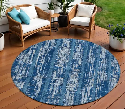 8' Blue And Ivory Round Striped Washable Indoor Outdoor Area Rug