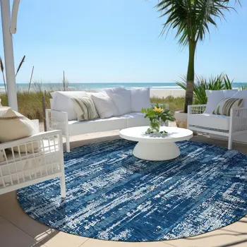 8' Blue And Ivory Round Striped Washable Indoor Outdoor Area Rug