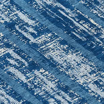 8' Blue And Ivory Round Striped Washable Indoor Outdoor Area Rug