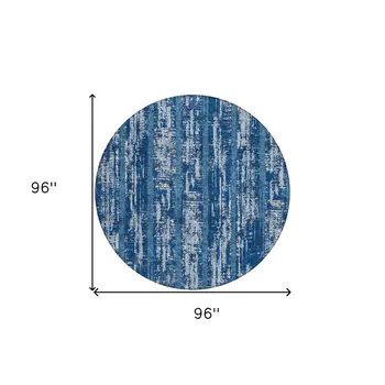 8' Blue And Ivory Round Striped Washable Indoor Outdoor Area Rug