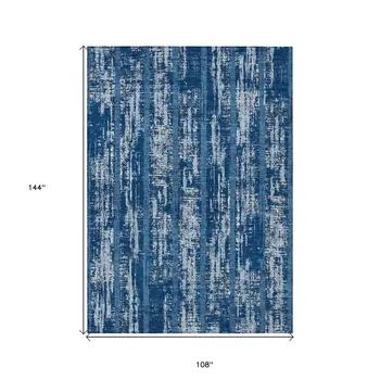 9' X 12' Blue And Ivory Striped Washable Indoor Outdoor Area Rug