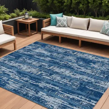 9' X 12' Blue And Ivory Striped Washable Indoor Outdoor Area Rug