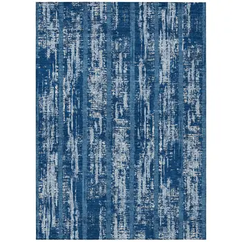 9' X 12' Blue And Ivory Striped Washable Indoor Outdoor Area Rug