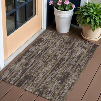 3' X 5' Chocolate And Beige Striped Washable Indoor Outdoor Area Rug