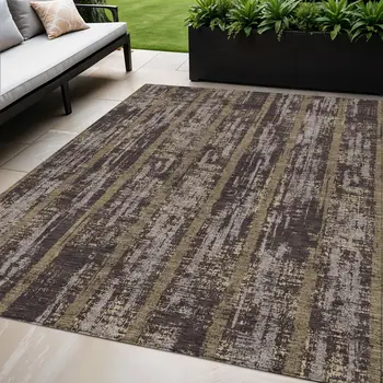 5' X 8' Chocolate And Beige Striped Washable Indoor Outdoor Area Rug