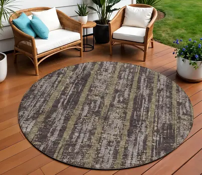 8' Chocolate And Beige Round Striped Washable Indoor Outdoor Area Rug