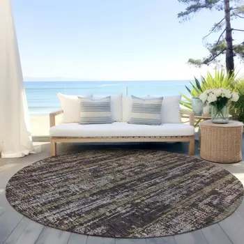 8' Chocolate And Beige Round Striped Washable Indoor Outdoor Area Rug