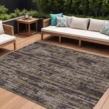 10' X 14' Chocolate And Beige Striped Washable Indoor Outdoor Area Rug